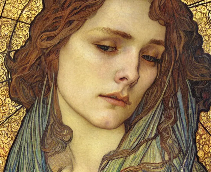 Image similar to detailed realistic beautiful young medieval queen face portrait by jean delville, alphonse mucha, vincent van gogh, and marco mazzoni, art nouveau, symbolist, visionary, gothic, pre - raphaelite