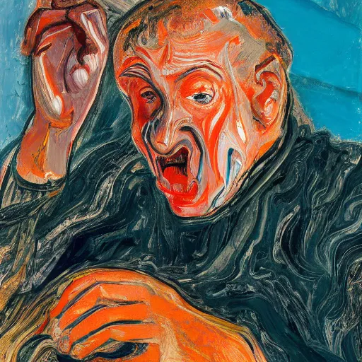 Image similar to high quality high detail expressionist painting of a man in agony by lucian freud and jenny saville edvard munch and francis bacon, hd, anxiety, seated at table, turquoise and orange