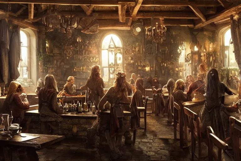 Image similar to Beautiful hyperrealistic detailed matte portrait painting of an elf in a tavern that looks like it's from lord of the rings and bazaar by greg rutkowski, andreas rocha and john howe, and Martin Johnson Heade,featured on artstation, ultrawide angle,f16 , golden ratio, f32, well composed, cohesive