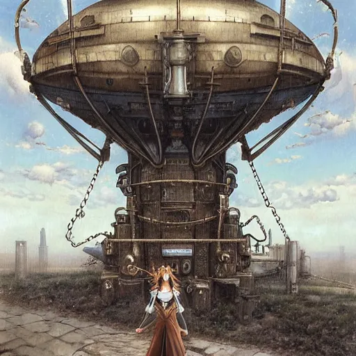 Prompt: a hyperrealistic painting of a beautiful female steampunk goddess, standing at an airship docking station, by john kenn mortensen, highly detailed,