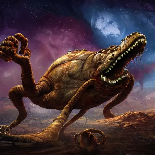 Image similar to eldritch horror bloody garfield in space, hd, 8 k, giant, epic, realistic photo, unreal engine, stars, prophecy, powerful, cinematic lighting, destroyed planet, debris, violent, sinister, ray tracing, dynamic, epic composition, dark, horrific, teeth, grotesque, monochrome drawing, hellscape