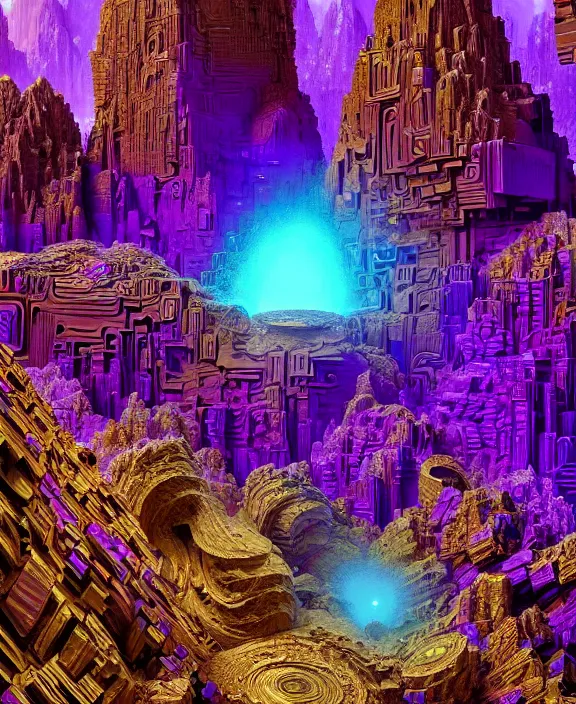 Image similar to giant art of fractal bismuth golem consists of bismuth geodes, fractalization, extremely high details, masterpiece, photorealistic, hyperrealism, vray, octane render, volumetric lighting, depth of field, bokeh, artstation, cgsociety by johannen voss, michael whelan, greg broadmore, frank frazetta