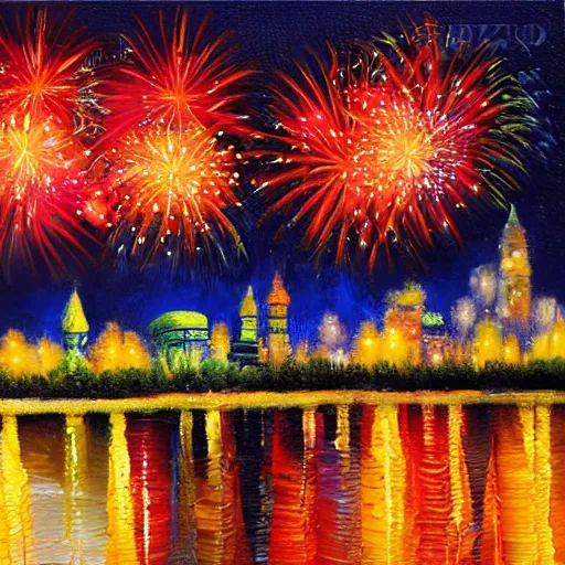 Prompt: When the fireworks are in full bloom by oil painting， clear background