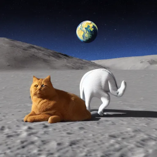 Image similar to a big fat cat guards a big fat dog on the moon, 3 d render, cosmic vibes