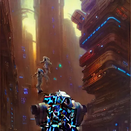 Image similar to portrait r 2 d 2. spaceship futuristic city. shadowrun cyberpunk fantasy d & d painting by gaston bussiere craig mullins jc leyendecker gustav klimt artgerm greg rutkowski john berkey, bergey, craig mullins, ruan jia, raymond swanland, tom lovell