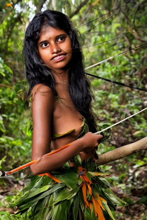 Image similar to a professional photo of a sri lankan jungle girl, black hair, hunter, with bow and arrow, covered in leaves, extremely high fidelity. key light.