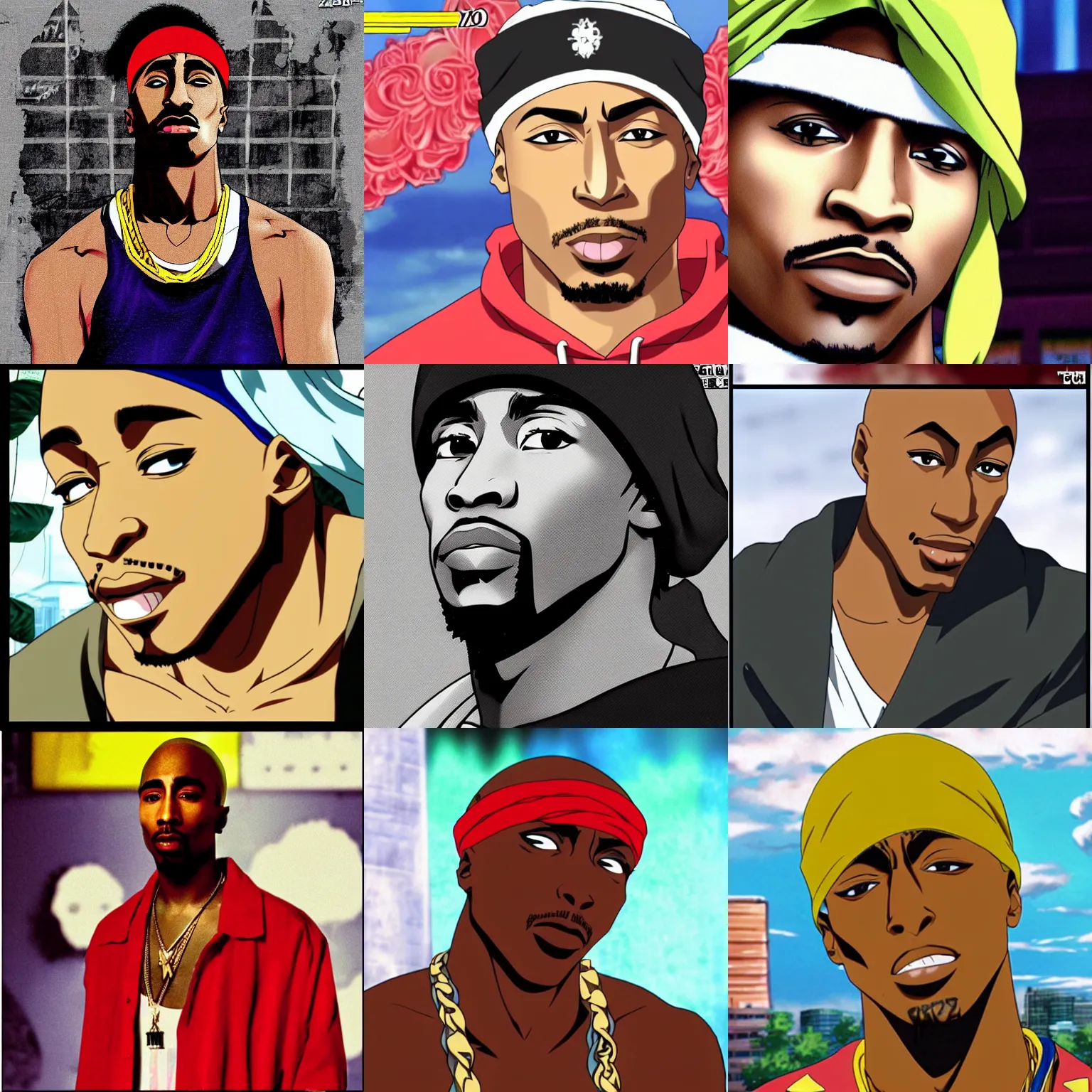 Image similar to Tupac Shakur, screenshot from a 2012s anime