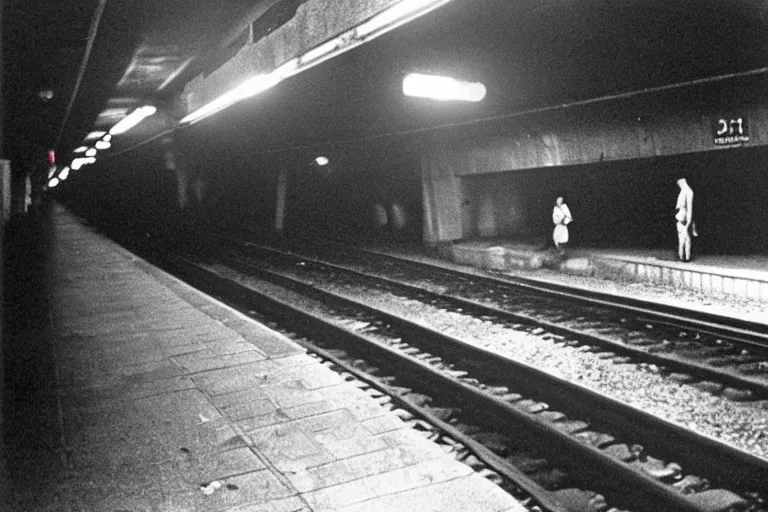 Image similar to photo from 1 9 6 5. very large giant mutant zombie irradiated ( angry rat ) staying on railways in tonnel of moscow subway. extreme high detail, very realistic. extreme long shot, low dark light, scary mood, anish kapoor, herman nitsch.