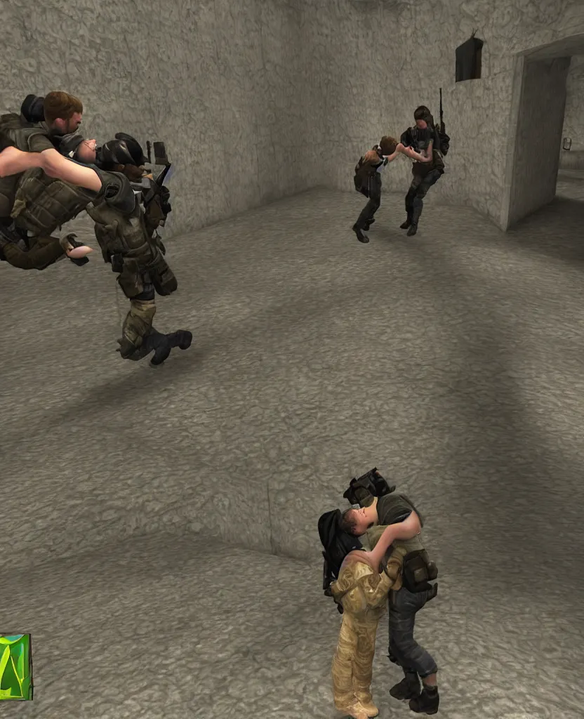Prompt: young lovers kissing in counter strike