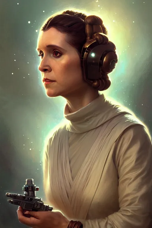 Image similar to portrait of princess leia, star wars, upper body, fantasy, intricate, elegant, highly detailed, digital painting, artstation, concept art, smooth, sharp focus, key light, illustration, art by artgerm and greg rutkowski and alphonse mucha