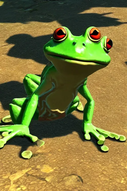 Image similar to in game footage of a frog from the legend of zelda breath of the wild, breath of the wild art style.