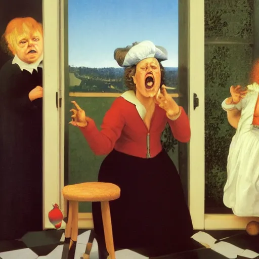 Image similar to a batshit crazy old woman yelling at the kids by Raphael, Hopper, and Rene Magritte. detailed, romantic, enchanting, trending on artstation.