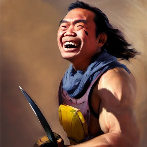 Image similar to greg manchess portrait of a laughing filipino mma fighter with a sword laughter, profile picture, organic painting, sunny day, matte painting, bold shapes, hard edges, street art, trending on artstation, by huang guangjian, gil elvgren, ruan jia, randy vargas, greg rutkowski