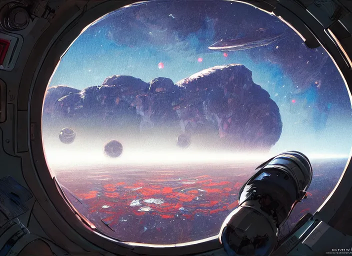 Image similar to view of an alien planet from the window of a space station, art by laurie greasley and pepe larraz, cinematic shot, oil painting by eren arik, extremely detailed, brush hard, artstation, for aaa game, high quality, brush stroke