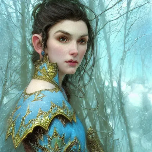 Image similar to a mid - shot portrait of a handsome snow elf with a bow in a turquoise cape and glittering silver ornate armor, pale skin, winter vibes, intricate, elegant, artgerm, tomasz alen kopera, greg rutkowski, alphonse mucha, concept art, sharp focus, octane render, cgsociety