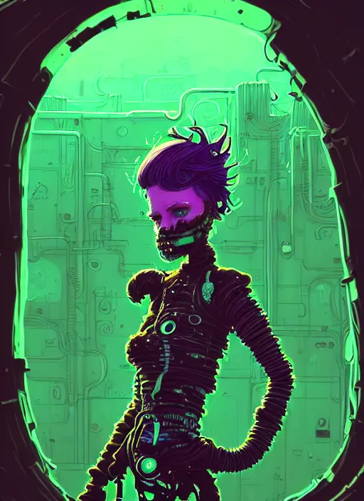 Image similar to highly detailed portrait of a beautiful wasteland punk long dripping green poison hair tribal lady, stray wiring by atey ghailan, james gilleard, by joe fenton, by greg rutkowski, by greg tocchini, by kaethe butcher, 4 k resolution, gradient purple, brown black and white color scheme!!! ( ( green flaming robotic sewer background ) )