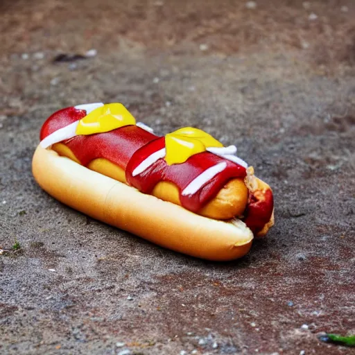 Image similar to a hotdog biting its own tail