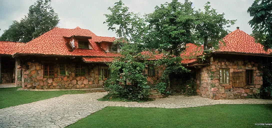 Image similar to house in carpathian vernacular style. outdoor landscaping designed by roberto burle marx. fujinon premista 1 9 - 4 5 mm t 2. 9. portra 8 0 0.