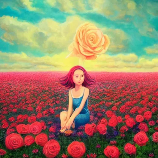 Image similar to giant rose flower as a head, full body girl sitting in a flower field, surreal photography, sunrise, dramatic light, impressionist painting, colorful clouds, digital painting, artstation, simon stalenhag