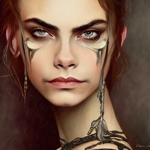 Image similar to Cara Delevigne , intricate, elegant, highly detailed, digital painting, artstation, HR GIGER, Hieronymus Bosch, Francis Bacon, concept art, smooth, sharp focus, illustration, art by artgerm and greg rutkowski and alphonse mucha