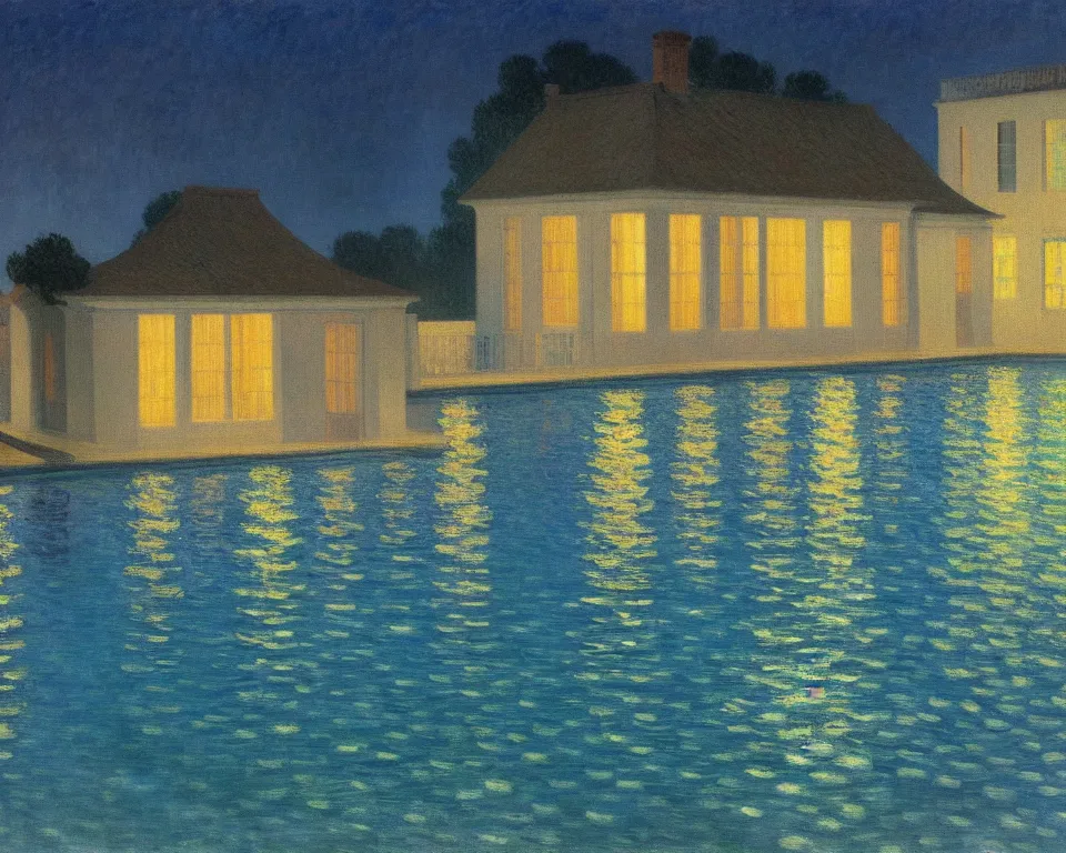 Prompt: achingly beautiful painting of a sophisticated, well - decorated pool house at night by rene magritte, monet, and turner.