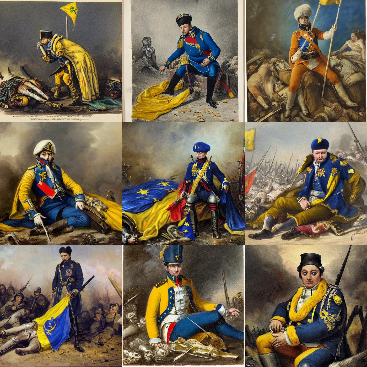 Prompt: Volodymyr Zelensky at war, dressed like Napoleon Bonaparte, sitting on the ground between dead corpses and weeping, holding a half burnt blue and yellow flag of Ukraine, in the style of Adam Ferguson