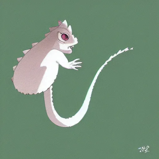 Image similar to cute lizard with long white fluffy fur, by Hayao Miyazaki