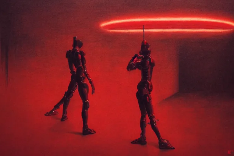 Image similar to only with red, a red cyborg samurai, tokio futuristic in background, some evil yokai fight, in the style of beksinski, parts by edward hopper, parts by rodcenko, parts by yue minjun, intricate and epic composition, red by caravaggio, insanely quality, highly detailed, masterpiece, red light, artstation, 4 k