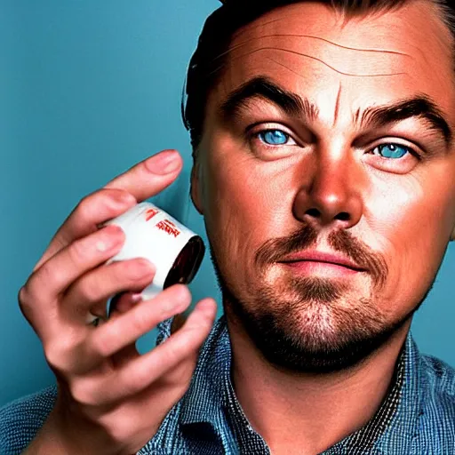 Image similar to detailed studio portrait of leoanrdo dicaprio holding tiny jar of tincture. watching at camera. studio light, polished look, solid background, ad, fashion photography, by pierpaolo ferrari and maurizio cattelan, 3 5 mm photograph, david lachapelle, canon eos c 3 0 0, 8 k