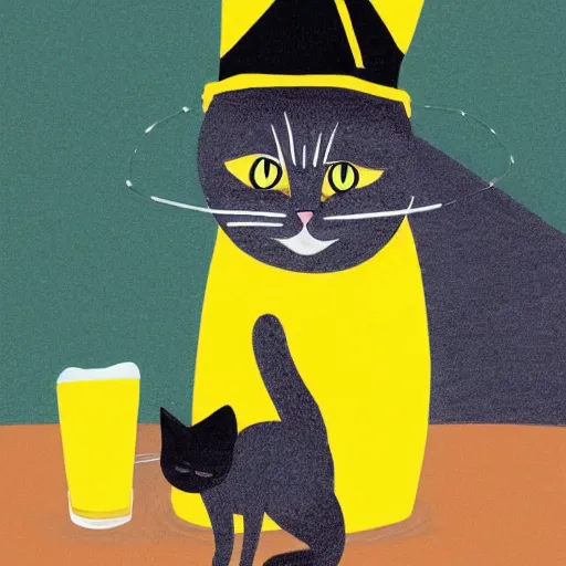 Prompt: A cat wearing a bucket hat black and a scarf drinking a beer at an outside bar in Stockholm, the clothes are black and yellow, children’s book drawing