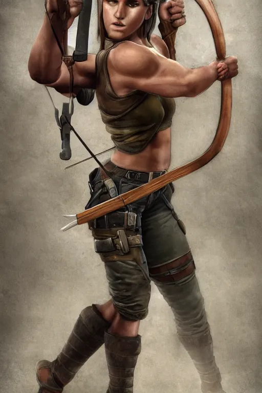 Image similar to muscular laura croft hold bow and arrow