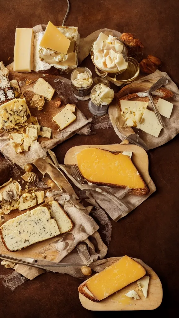 Image similar to 7 0 s food photography of an opulent spread of cheese on toast, on a velvet table cloth, dramatic diffused lighting