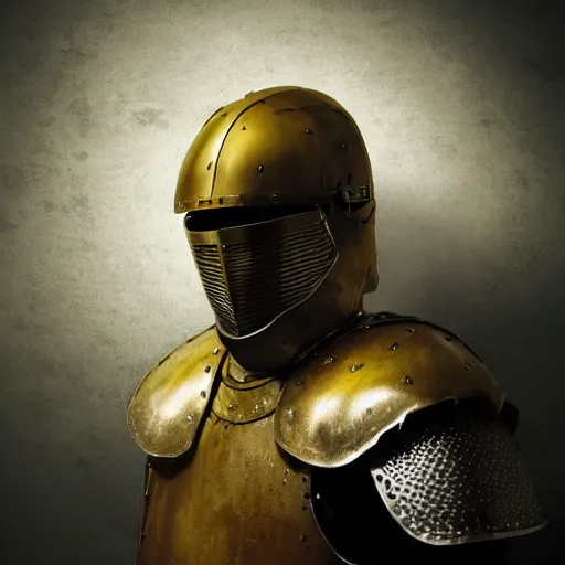 Prompt: portrait of a man as a knight in armour wearing an open helmet, studio lighting, dark textured background, photo realistic style, multiple lights, yellow ocre tint dominant, blue backlight, grunge and destructured after battle, scratches, marks on iron