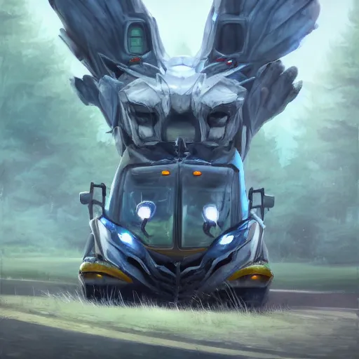 Image similar to Transformer hybrid of bus and wolf, having cabin if form of wolf head and long body of bus with wheels and windows, mechanical form of life, oil on canvas, fantasy, digital painting, concept art, smooth, sharp focus, illustration, artstation trending, octane render, unreal engine, Ghibli, anime style