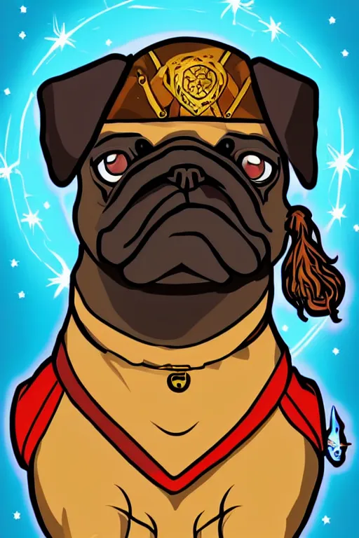 Image similar to Portrait of a pug that is a wizard casting a spell , wizard, medieval, sticker, colorful, casting epic spell, magic the gathering artwork, D&D, fantasy, artstation, heroic pose, illustration, highly detailed, simple, smooth and clean vector curves, no jagged lines, vector art, smooth