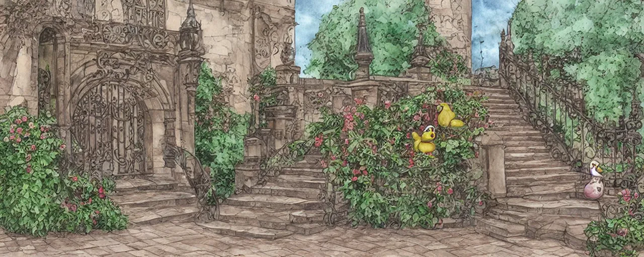 Image similar to courtyard walkway, rubber duck at center, castle, stairway, chairs, wrought iron, gate, botanic garden, botanical herbarium paper, watercolor colored painting, iridescent colors, realistic shaded, fine, artstation, italian style, colonnade ornate headdress, craving, carved, insanely detailed