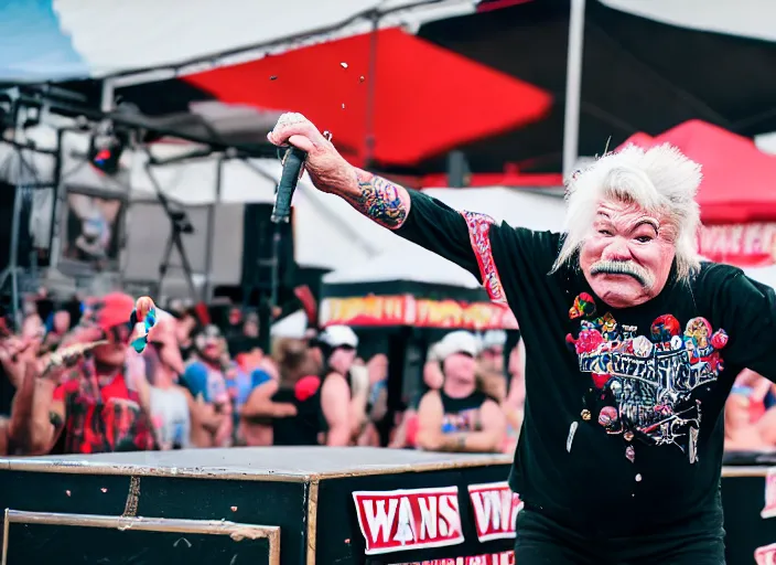 Image similar to photo still of rip taylor at vans warped tour!!!!!!!! at age 6 3 years old 6 3 years of age!!!!!!! on stage throwing confetti at a crowd, 8 k, 8 5 mm f 1. 8, studio lighting, rim light, right side key light