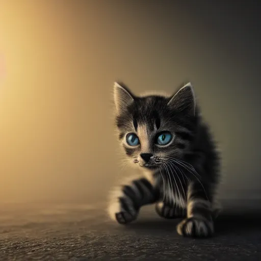 Prompt: full body pose, hyperrealistic photograph of a depressed kitten, dim volumetric lighting, 8 k, octane beautifully detailed render, extremely hyper detailed, intricate, epic composition, cinematic lighting, masterpiece, trending on artstation, very very detailed, stunning, hdr, smooth, sharp focus, high resolution, award, winning photo, dslr, 5 0 mm