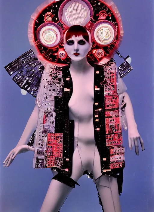 Image similar to Portrait of a punk goth fashion fractal cosmonaut girl wearing kimono made of circuits and leds, surreal photography by Man Ray