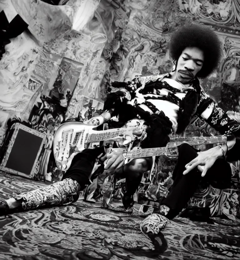 Image similar to ultrawide angle colour photography, fujifilm, jimi hendrix full body shot