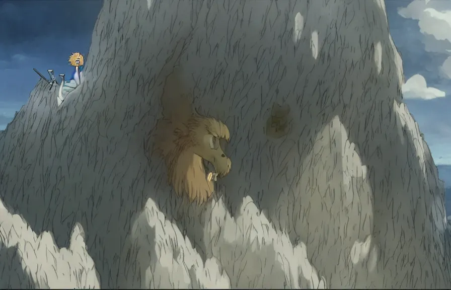 Image similar to a realistic cell - shaded cartoon of a griffon from howl's moving castle ( 2 0 0 4 ). in the background is a white pristine pyramid in the ocean. shafts of sunlight come from above. wide shot, very dull muted colors, hd, 4 k, hq