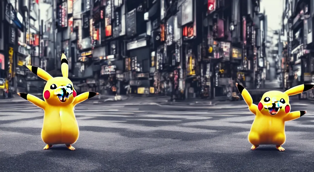 Prompt: hyperrealistic anthropomorphic pikachu dancing in the streets of dystopian tokio syd mead cinematic lighting 8k wide angle shallow depth of field