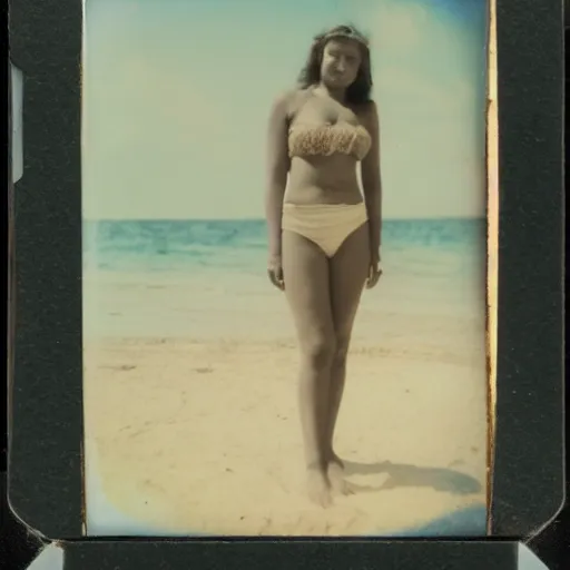 Image similar to a very beautiful old polaroid picture of a young women at the beach, award winning photography