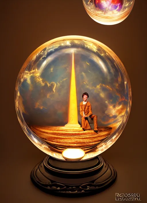 Image similar to dreamscape in a crystal ball on a stand, centered, studio product photography, gorgeous lighting, highly detailed, by ross tran and norman rockwell and greg rutkowski and lucasfilm