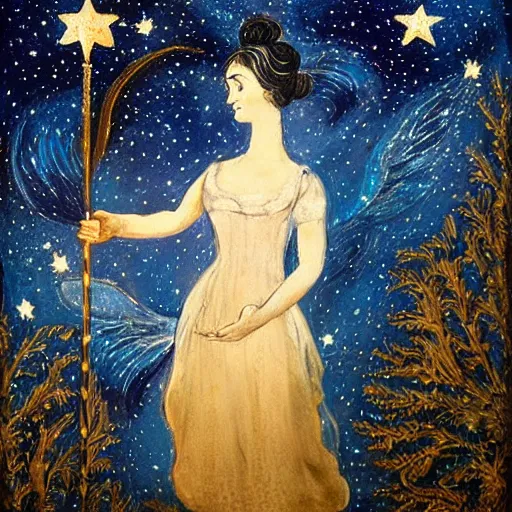 Prompt: The body art features a woman with wings made of stars, surrounded by a blue and white night sky. The woman is holding a staff in one hand, and a star in the other. She is wearing a billowing white dress, and her hair is blowing in the wind. Pride & Prejudice, papaya whip by Pamela Coleman Smith ordered, a e s t h e t i c