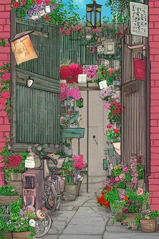 Image similar to a little flower shop's front gate, nostalgic, refreshing, digital illustration, pixiv