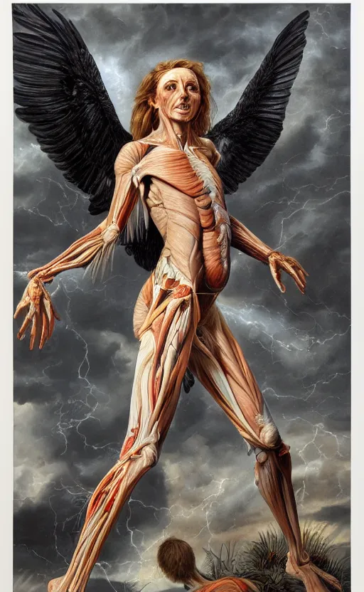 Image similar to an anatomical oil painting of a Harpy from a medical journal by Alex Ross, highly detailed, high detail, photoreal, 8k, storm clouds, birds, dramatic lighting