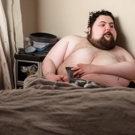 Prompt: obese 20 year old with messy black hair and big beard eats mayonnaise straight out of the jar with his bare hands on his bed in his disgusting room. There is trash and mold everywhere on the floors and walls of his room, and there are stains of mayonnaise all over his body and room from his messy eating, hyperrealistic, 4k, wide shot