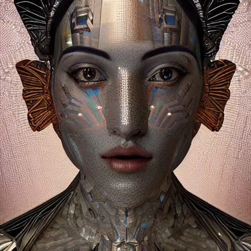 Prompt: a baroque neoclassicist closeup renaissance portrait of a robot queen with moth wings with iridescent geometric patterns, reflective detailed textures, dark fantasy science fiction painting by diego rivera and jean delville and nicholas roerich and sam spratt, dramatic lighting, gleaming silver and muted colors, artstation, octane render