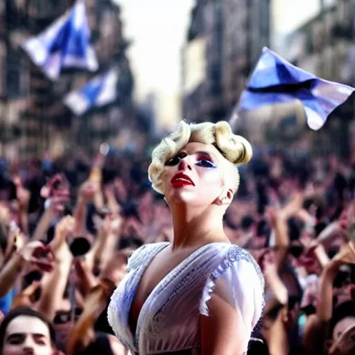 Prompt: Lady Gaga as Evita, Argentina presidential rally, Argentine flags behind, bokeh, epic photo, detailed, Argentina